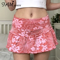 ruffle floral print high waisted mini skirt women harajuku 2000s aesthetic a line short skirts kawaii pink skort iamhotty