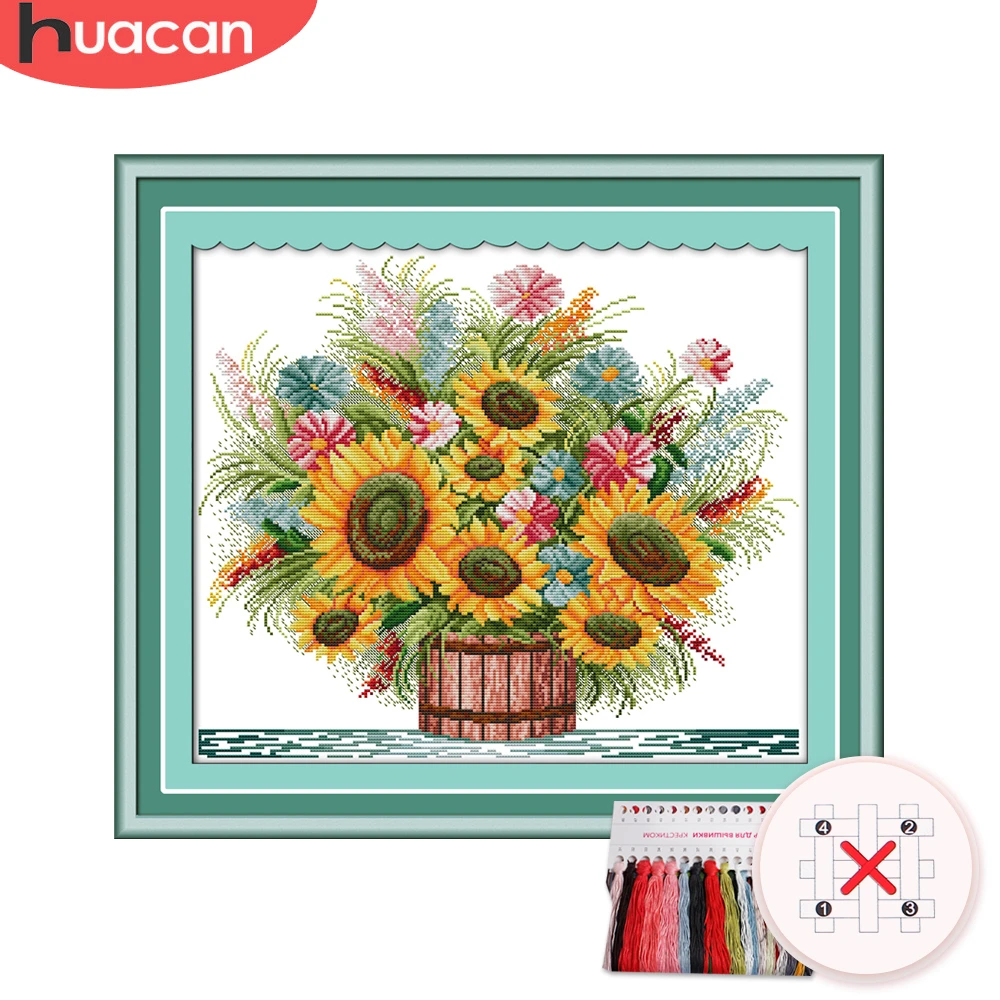

HUACAN Embroidery Sunflower Kit Needlework Cross Stitch Floral Sets White Canvas DIY Gift Home Decor 11CT 14CT