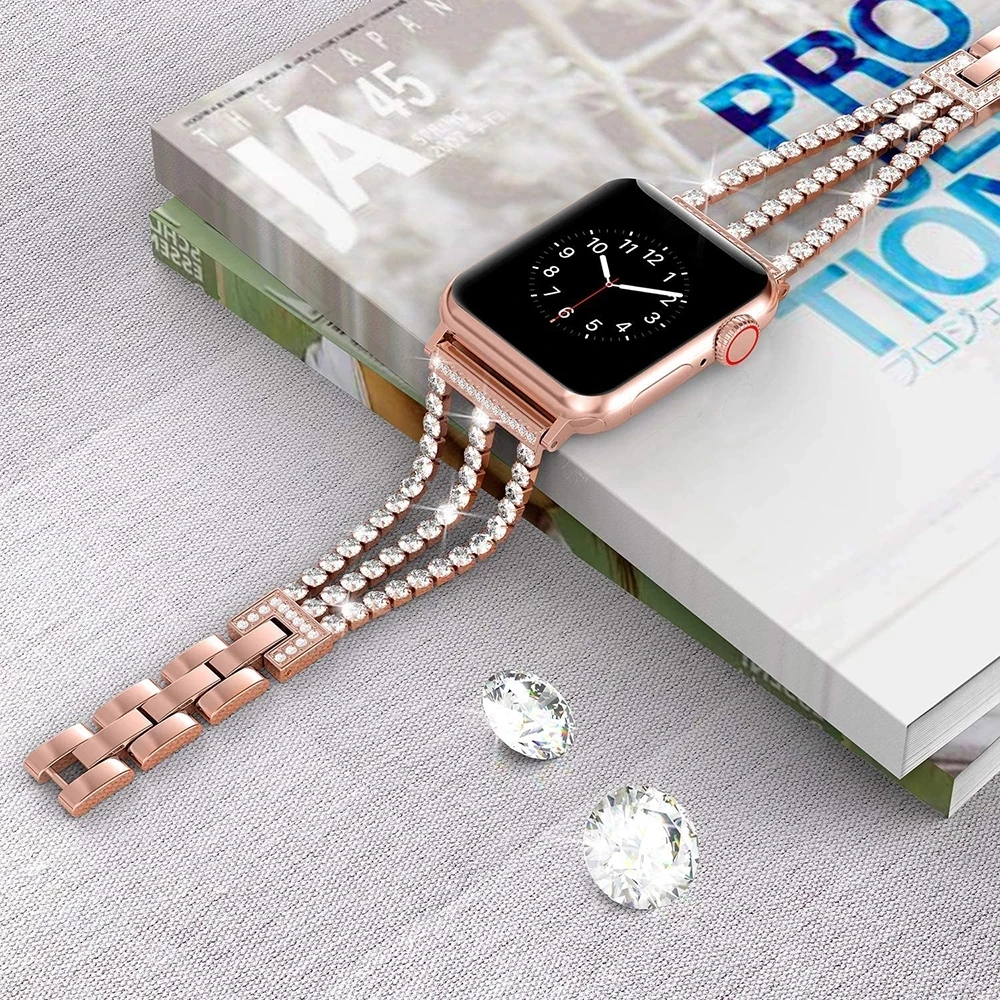 Woman Watchband for Apple Watch Bands 38mm 42mm Bracelet Replacement iWatch Series SE 6 5 4 40mm 44mm Strap Bling Rose-Gold