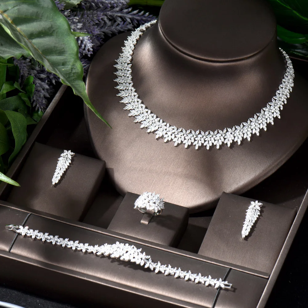HIBRIDE сверкающий AAA Циркон Модный комплект ювелирных изделий подружки невесты дизайн листьев ожерелье серьги набор для женщин Bijoux Femme N-1044