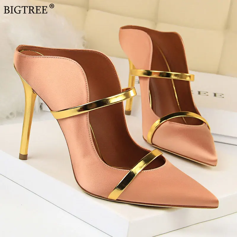 Женские босоножки на высоком каблуке туфли с блестками и заостренным носком лето