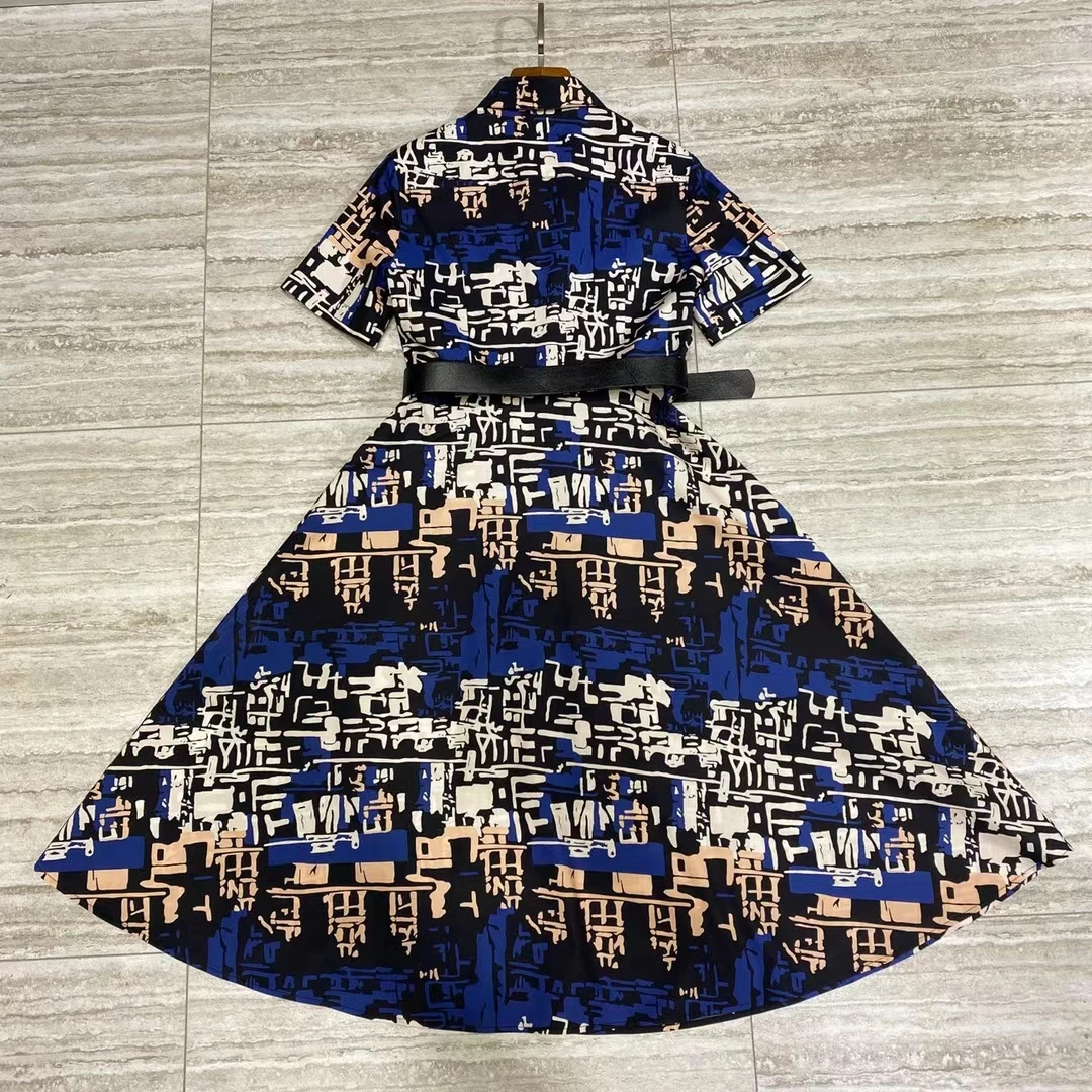 

Lady Summer 100% Cotton Chic Dress Women Peter Pan Collar Print Belted Preppy Knee Length Vestidos