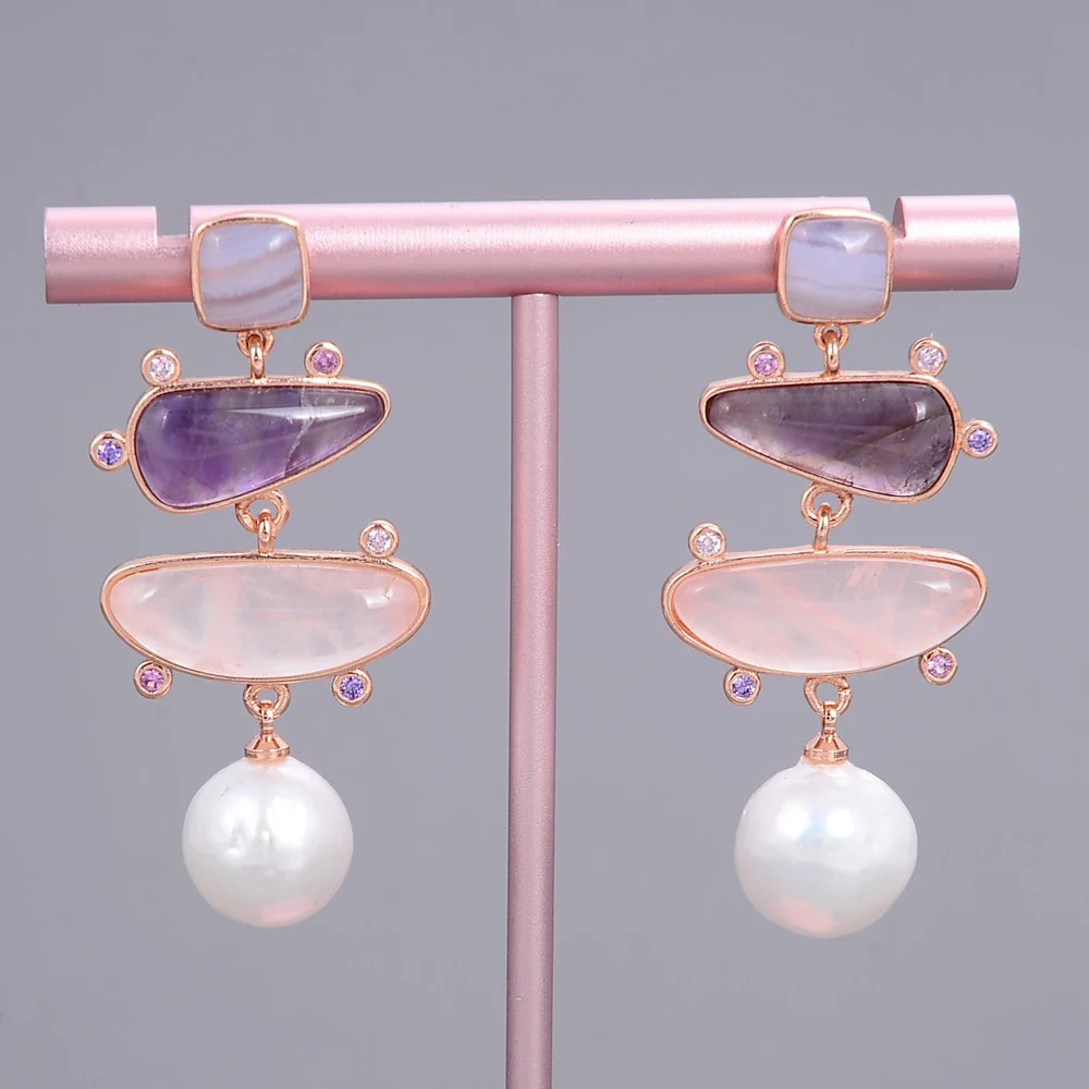 

White Pearl Blue Chalcedony Rose Quartzs Amethysts Dangle Stud Earrings For Women