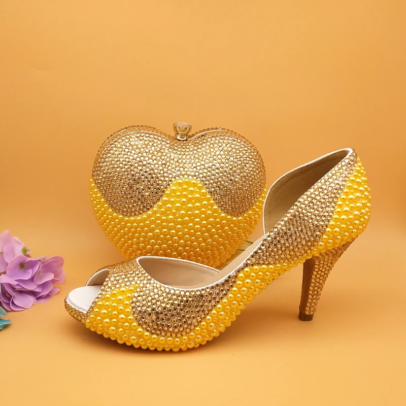 8cm shoe and bag BaoYaFang/новые женские свадебные туфли и сумки; обувь на платформе и высоком каблуке для невесты; женская обувь для вечеринок; кошелек в форме сердца; Клубная обувь золотистого цвета - Цвет: 8cm shoe and bag