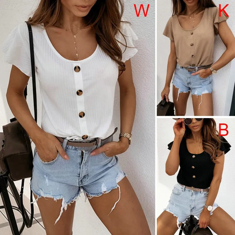

Hot Sale Elegant Women Summer Solid Color T-Shirts Button O-Neck Short Sleeve Cardigan Office Lady Slim Casual Top