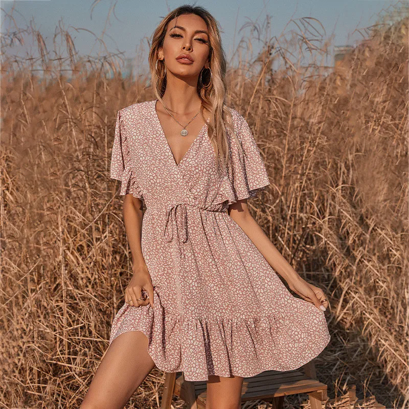 

Print Dress For Women 2021 Summer New Fashion V-Neck Ruffled High Waist Plus Size Slim Dresses Female LR1108