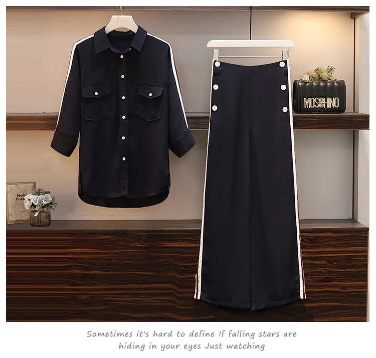 Navy Blue Случайный женский костюм, черная белая рубашка+ широкие брюки, комплект из двух предметов, умный Повседневный офисный Женский комплект, женские блузы и штаны, большие размеры - Цвет: Navy Blue