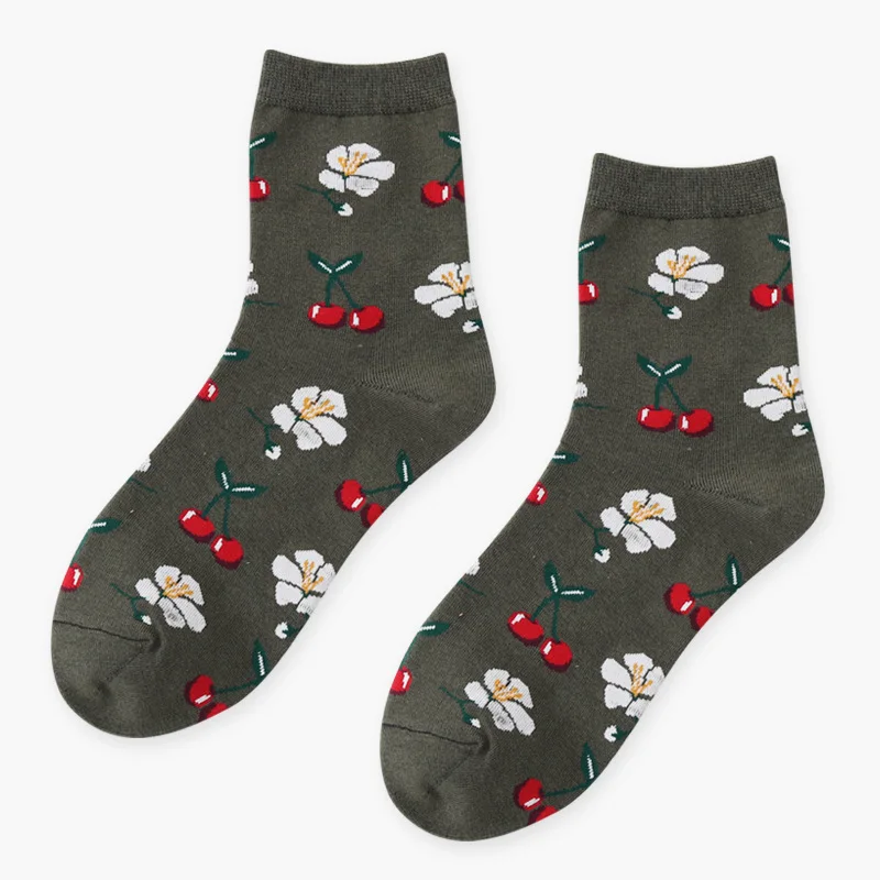 ArmyGreen Cherry Summer Korean Happy Fruits Socks Lemon Avocado Pineapple Cherry Blueberry Orange Gardenias Banana Leaves Printed Unisex sox - Цвет: ArmyGreen Cherry