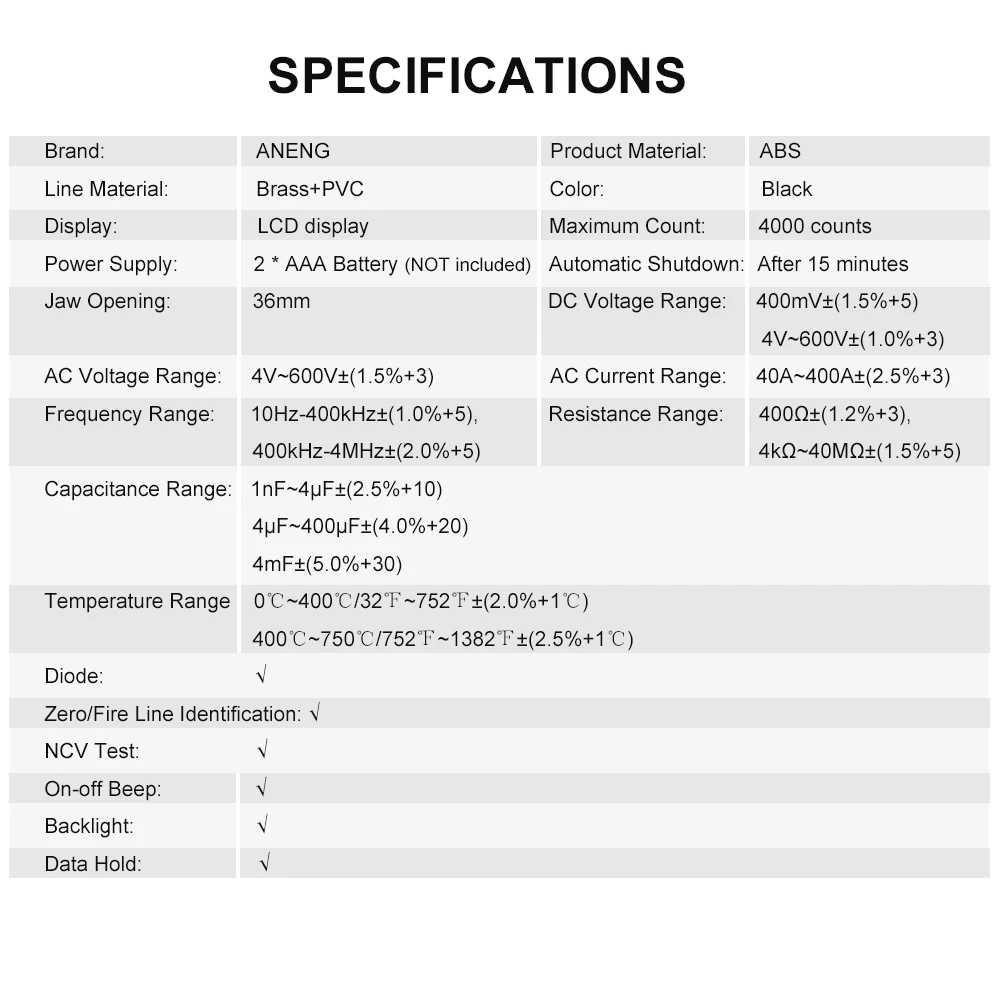 Цифровой мультиметр-зажим мультиметр постоянного/переменного тока 4000 отсчетов