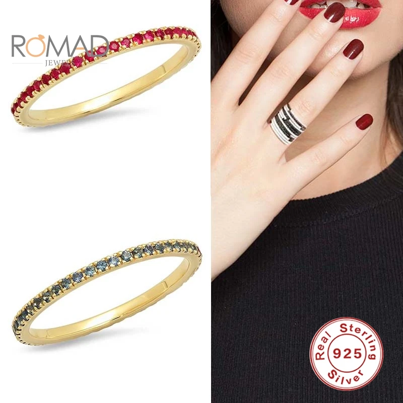 

ROMAD Simple INS Wind Geometric Green Pink Bllack Zircon Ring 925 Sterling Silver Rings For Women All-match Fashion Jewelry