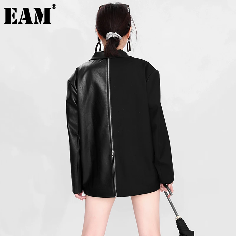 

[EAM] женский черный блейзер из искусственной кожи на молнии большого размера, новая свободная куртка с длинными рукавами и лацканами, модная ...