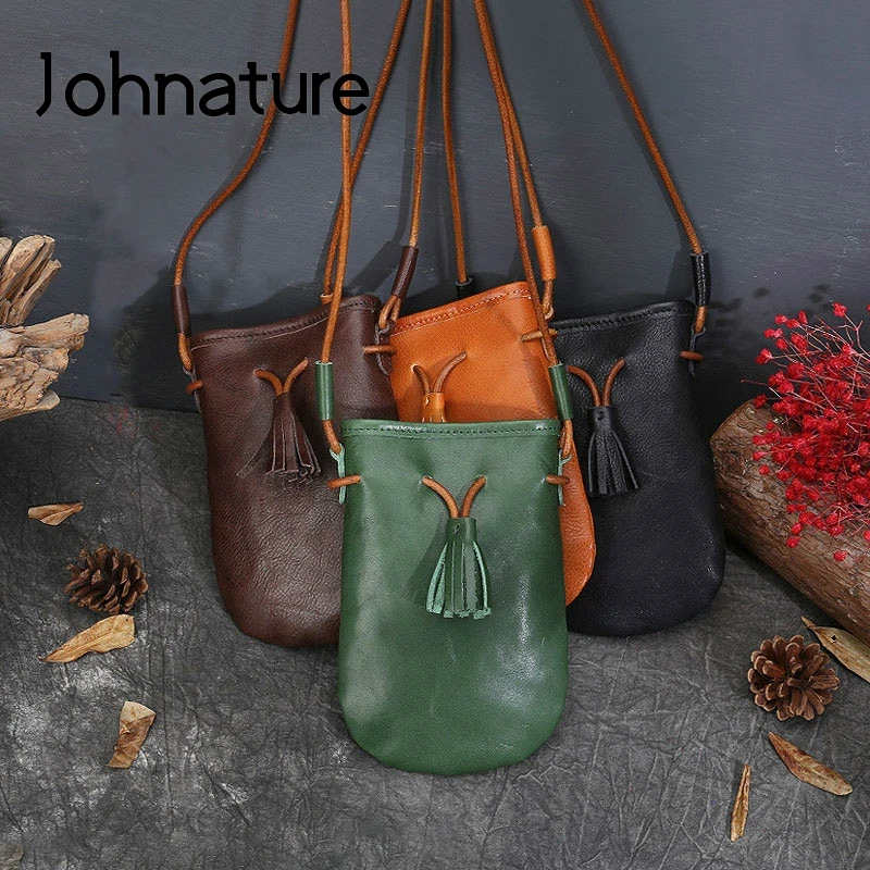 

Johnature 2022 New Women Shoulder Bags Retro Genuine Leather Mobile Phone Bag Solid Color First Layer Cowhide Ladies Bags