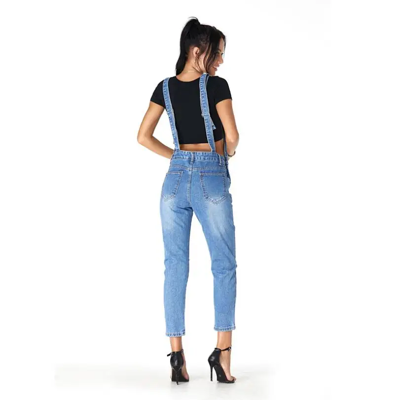 

2021 Women Jean Cotton Overalls Patchwork Pocket Ripped High Waist Denim Jumpsuit Overalls Streetwear Suspender Pants p2013