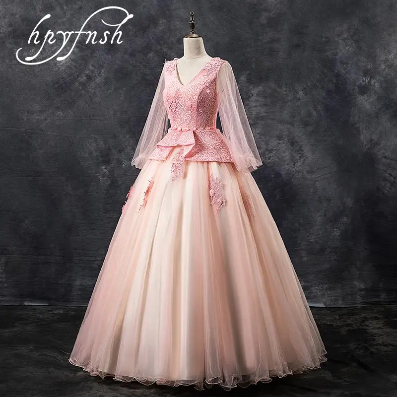 

V-Neck Pink Quinceanera Dresses Lace Long Sleeve Appliques Beading Vestidos De Gala Largos Prom Dress Masquerade Ball Gowns