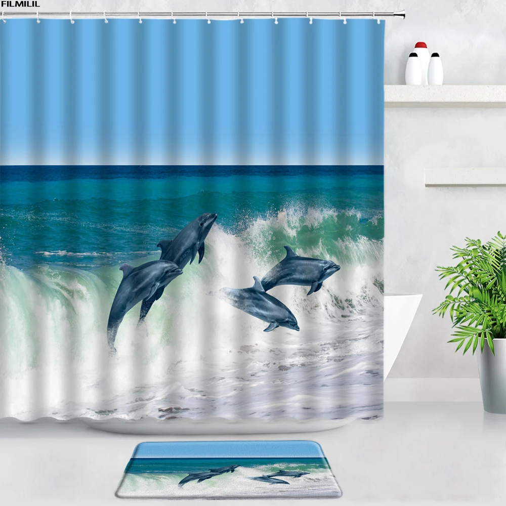 

Dolphin Sea Turtle Shower Curtains Bath Mats Set Ocean Fish Underwater World Scenery Door Pad Bathroom Anti-slip Rugs Home Decor