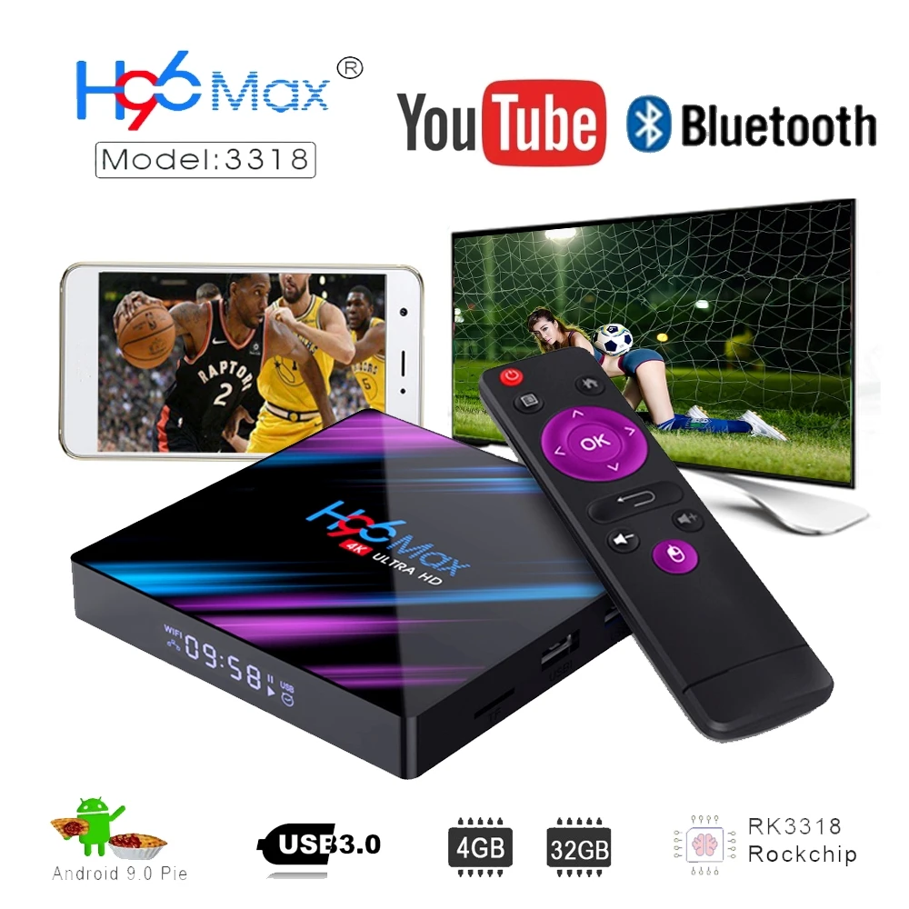 Смарт ТВ приставка H96 MAX 9 0 Rockchip RK3318 4 Гб ОЗУ 64 ПЗУ H.265 4K HDR 2 4G Wi Fi Bluetooth Android H96MAX ГБ/16