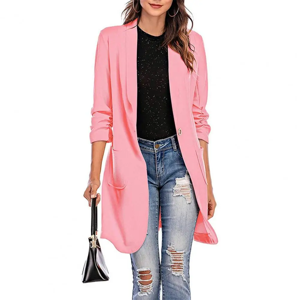 

Office Lady Blazer Solid Color Pockets Autumn Winter 3/4 Sleeve One Button Women Loose Midi Suits femme
