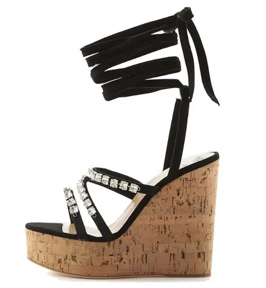 

Linamong Woman Fashion Black Crystal Bling Wedge Sandals Female Thick Sole Platform Lace Up Narrow Bands Open Toe Sandals Shoes