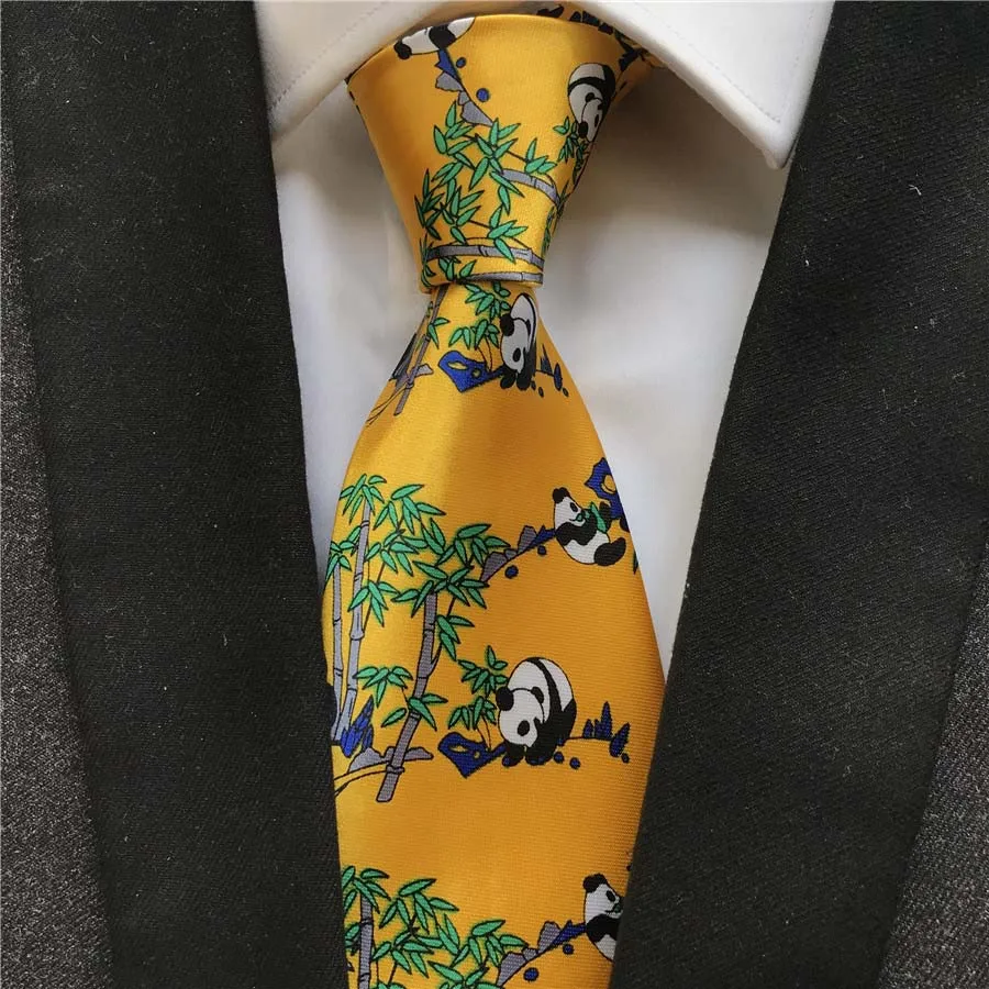 

New Designer Men's Ties Yellow Cute Panada Print Necktie for Men Wedding Party
