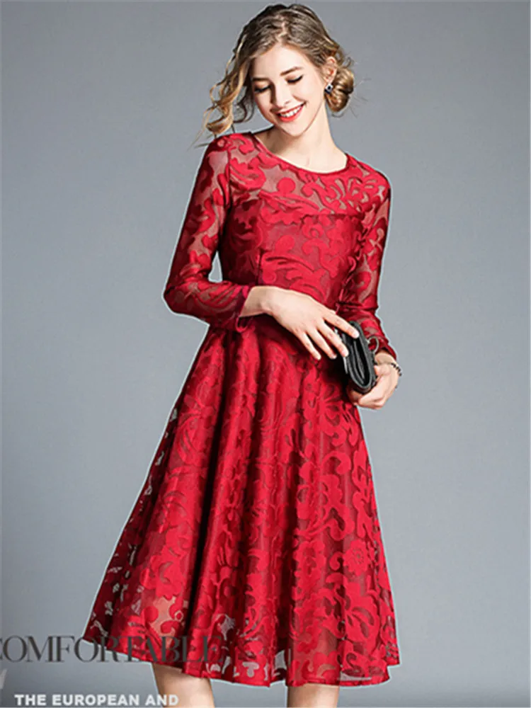 

Spring New Style Fashion Long-sleeved Slim Mid-length Lace Summer Dress for Women Party