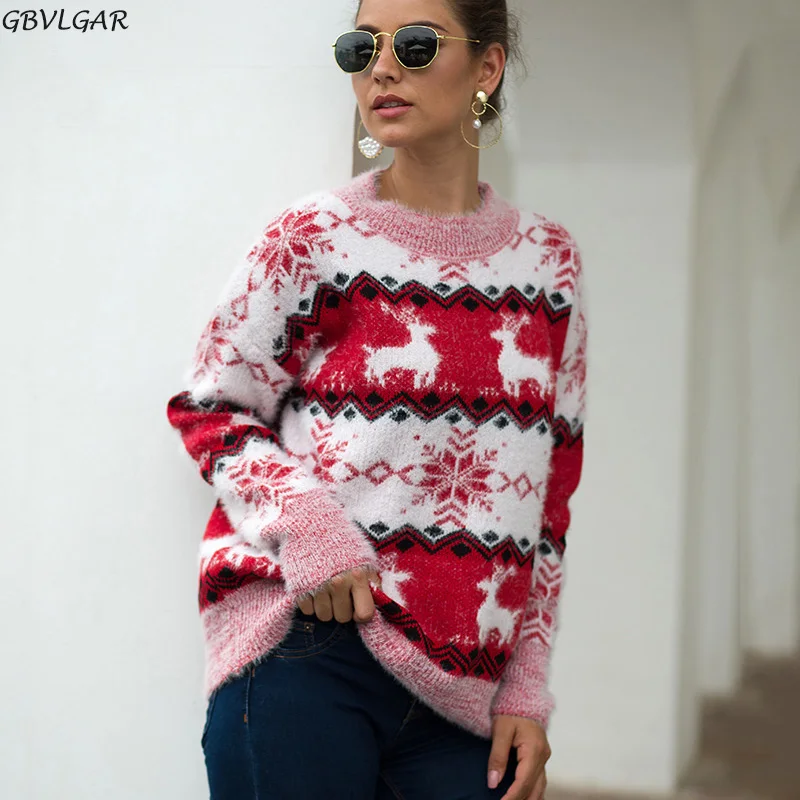 

Women Casual Long Sleeve Pullover Sweater Female Crew Neck Warm Sweater Jumper Deer Snow Knitwear Autumn Winter Knit Tops