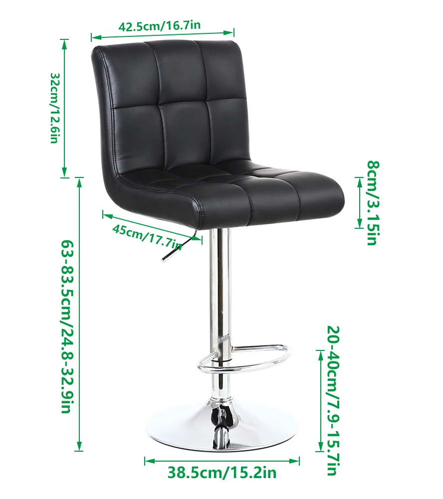 KKTONER Square Bar Stool PU Leather with Footrest Height Adjustable Swivel Chair Kitchen Pub stools Back Rest (BLACK) | Мебель