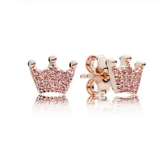 

925 Sterling Silver Pan Earring Rose Pink Enchanted Crown With Crystal Stud Earring For Women Wedding Gift Fine Jewelry