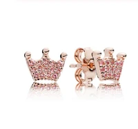 925 sterling silver pan earring rose pink enchanted crown with crystal stud earring for women wedding gift fine jewelry