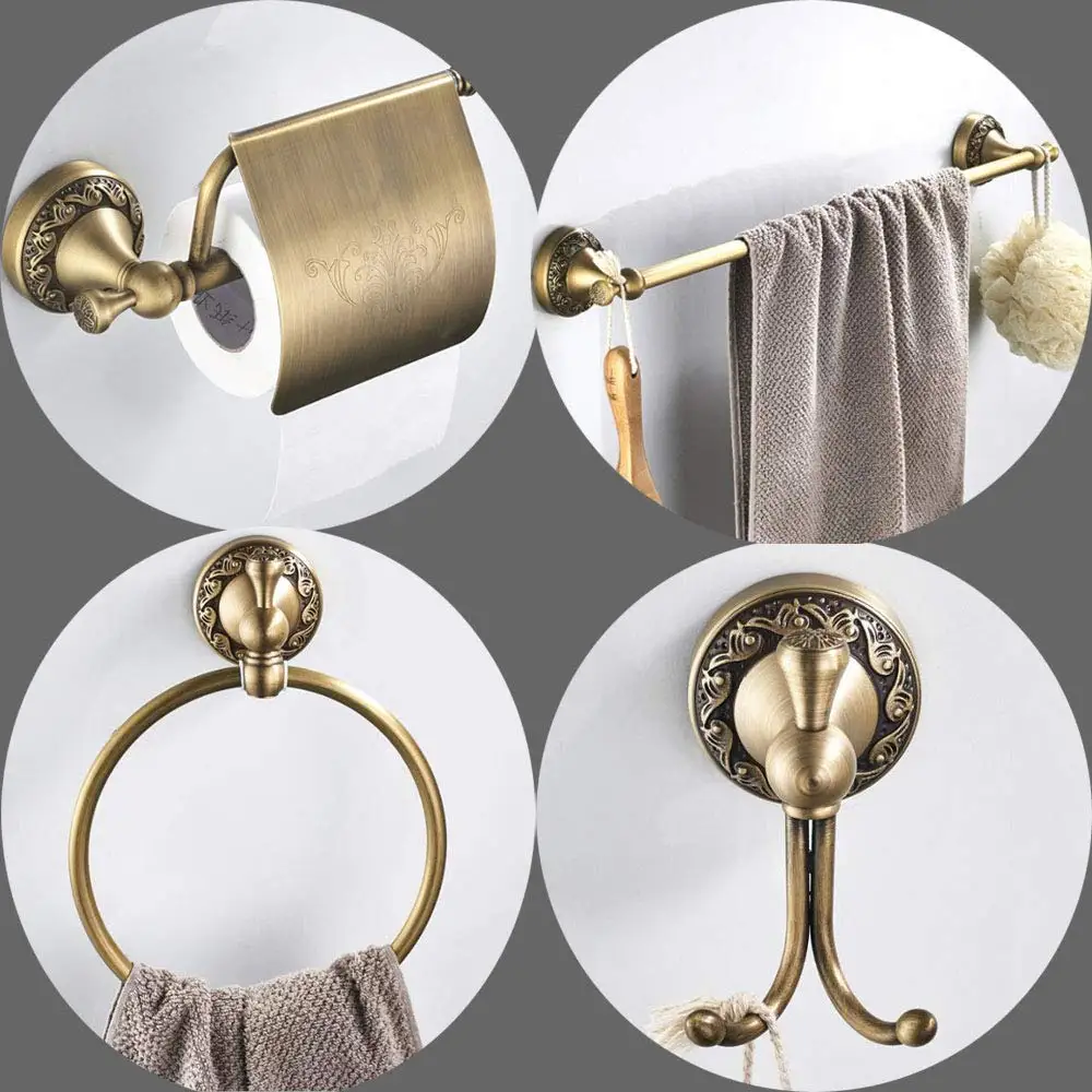 

Vintage 4pcs Brass Bathroom Hardware Set Wall Mount Brushed Toilet Paper Holder Robe Hook Towel Bar Towel Ring send from Brazil