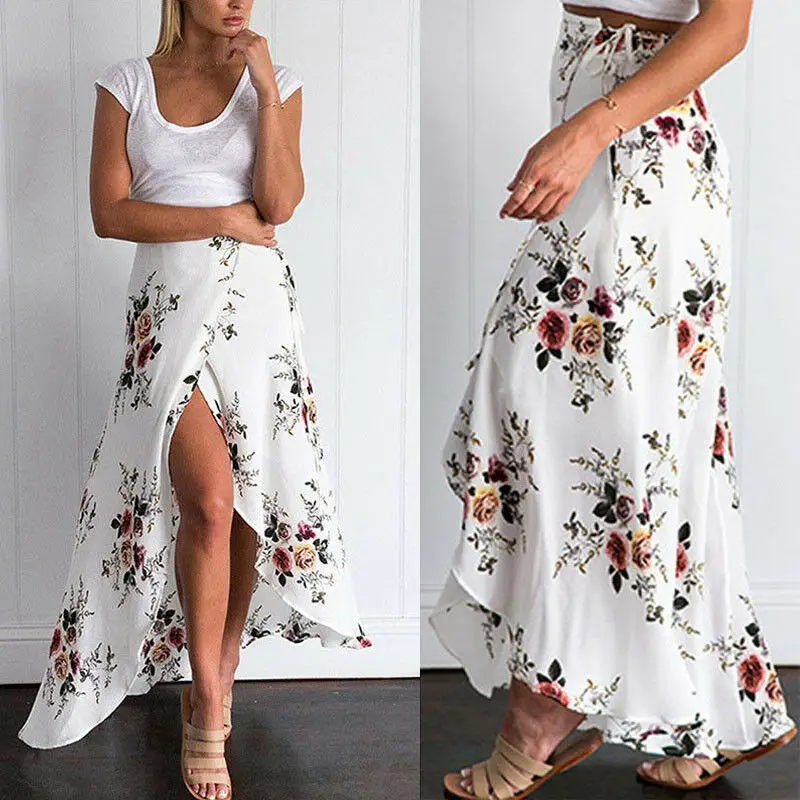 Fashion Women Summer Hight Waist High Split Printed Maxi Skirt Pleated Chiffon Long Casual Boho | Женская одежда