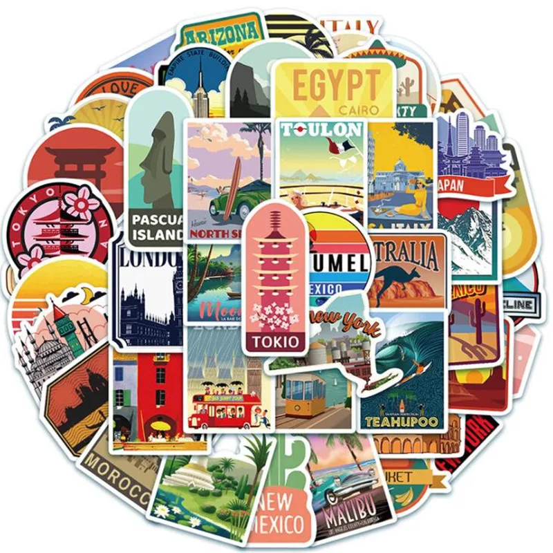 10/30/50PCS City Tourism Landscape Cartoon Graffiti Skateboard Suitcase Laptop Phone Case Body Sticker Waterproof Wholesale - купить по