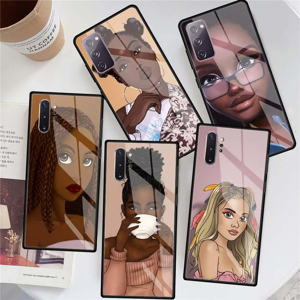 

Beauty Afro Girl Puffs Glass Phone Case for Samsung Galaxy S21 S20 FE S10 Note 10 20 Ultra 5G 9 S9 Plus S10e Cover Coque