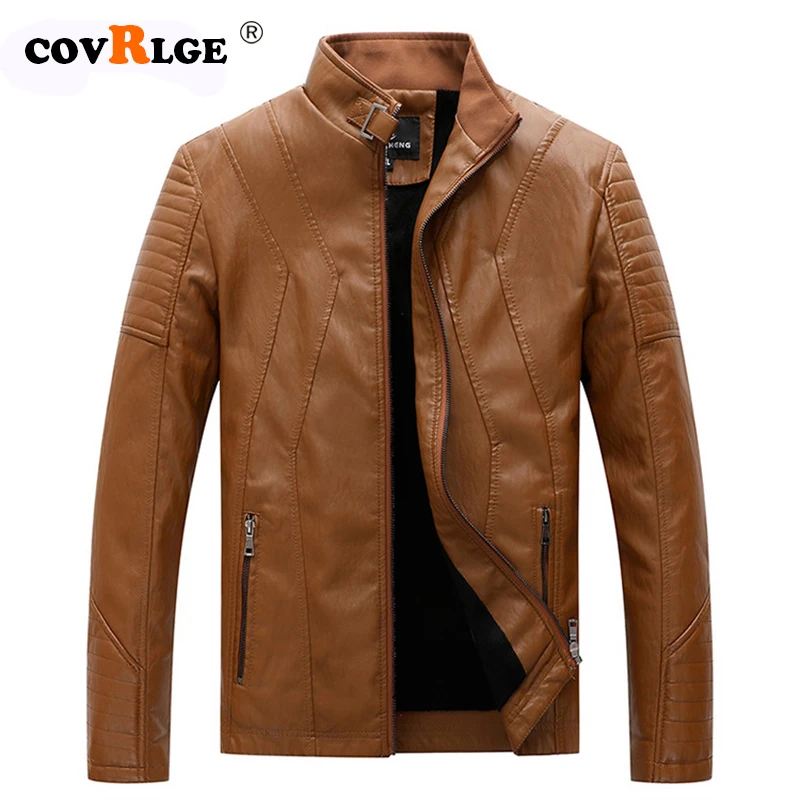 

Covrlge 2019 Fashion Autumn Male Leather Jacket Plus Size 4XL Black Mens Stand Collar Fleece Coats Leather Biker Jackets MWP055