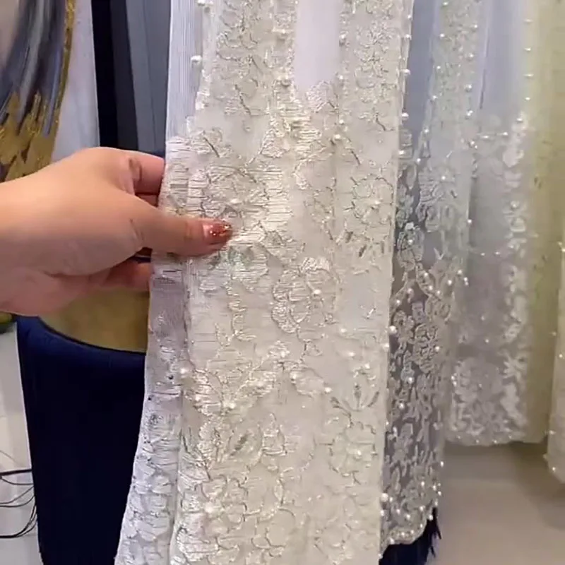 Европейские Роскошные тюлевые шторы в полоску с вышивкой жемчугом кружевные