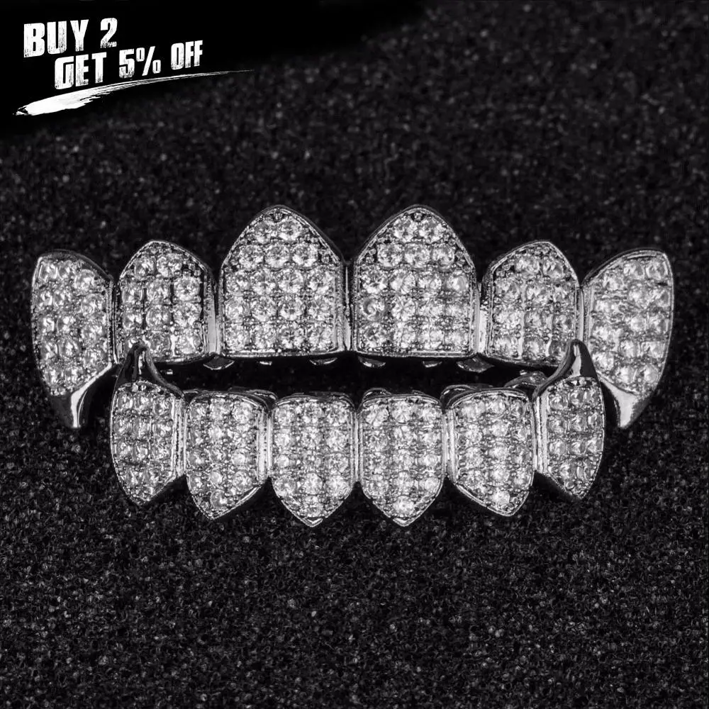 JINAO из чистого золота Цвет & посеребренные в стиле хип хоп Grillz Micro Pave CZ Золотой Клык