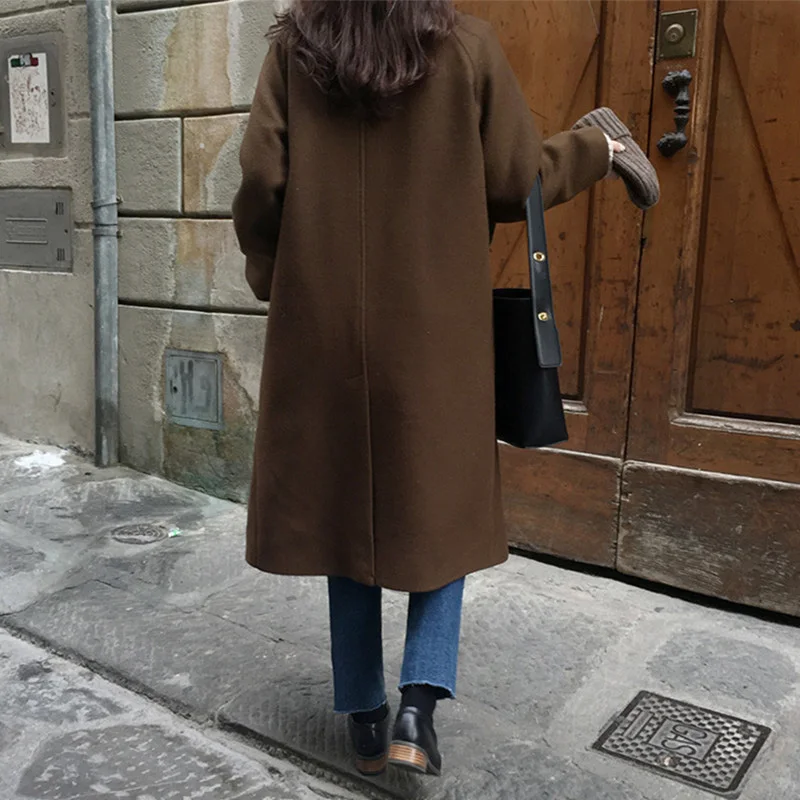 Женское элегантное зимнее шерстяное пальто черного и коричневого цветов длинное