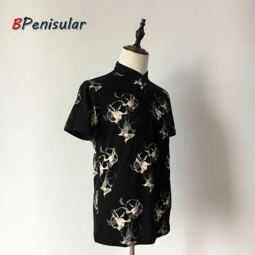 Мужские черные рубашки поло с коротким рукавом повседневные цветочным принтом и