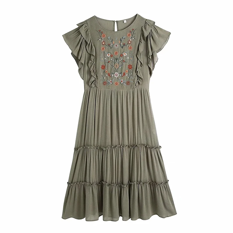 

Женское платье с цветочным принтом ZA, кружевное платье с коротким рукавом, круглым вырезом и вышивкой, новинка весны 2021