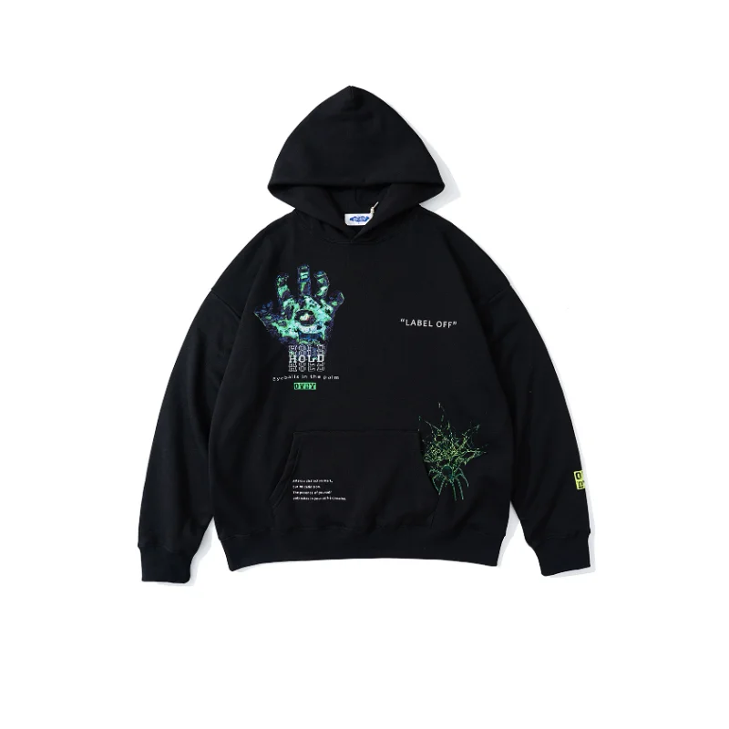 

2021 Winter Eyesballs Hold Print Black Fleece 100% Cotton Hoodie Men Oversized Pullover Punk Women Hooded Sweatshirt Sweat Homme