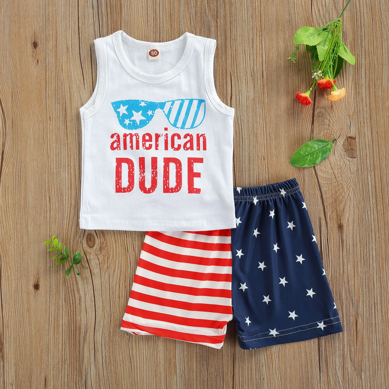 

2021 Little Boy’s Vest and Shorts Suit Independence Day Letter Printed Sleeveless Tops and Flag Short Pants,pants sets