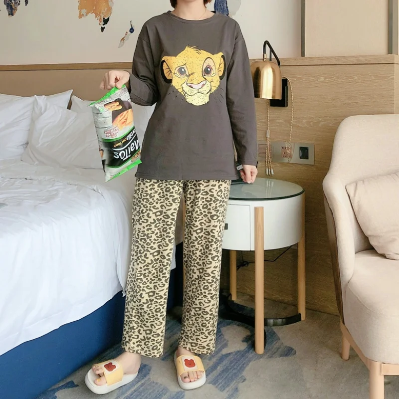 Disney Women Leopard The Lion King Sleepwear 2PCS Shirt Pants Pajamas Set Print Simba Nightwear Cartoon Pyjamas Casual Homewear