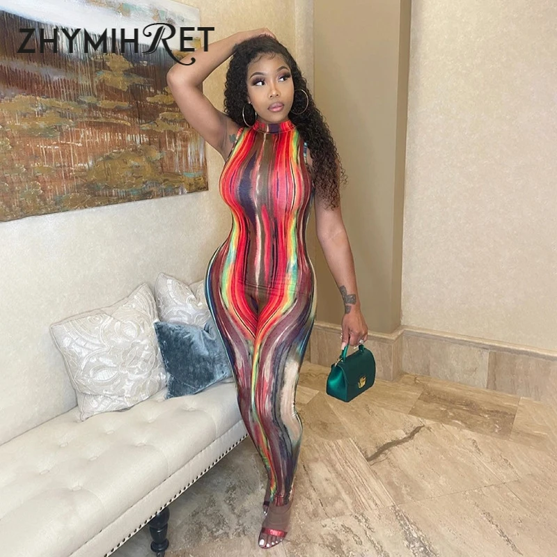 

ZHYMIHRET Tie Dye Stand Collar Female Jumpsuit 2021 Summer Sleeveless Overalls For Women Skinny Printed Rompers Club Outfits