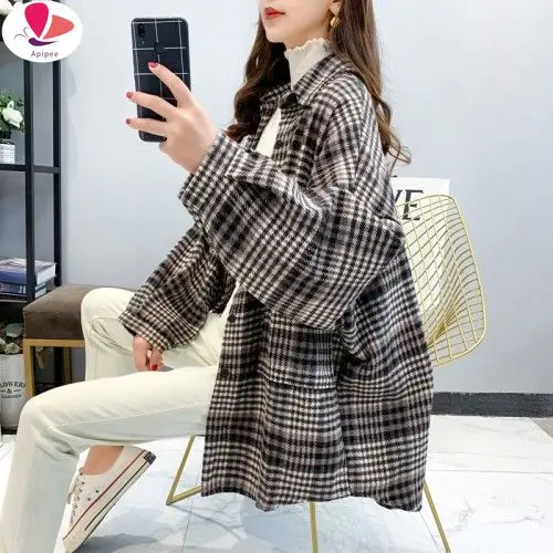 

Basic Jackets Women Retro Plaid Spring Trendy Loose Elegant Long Sleeve Femme Coats Chic Leisure Oversize New Outerwewar