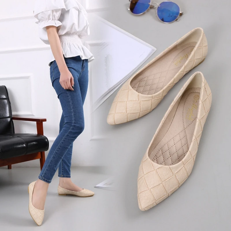 

Ballet Flat Shoes For Women Spring New Slip On Pointed toe Rubber Soles Woman Shoes Fashion Korean Casual Grid Loafers Plus Size
