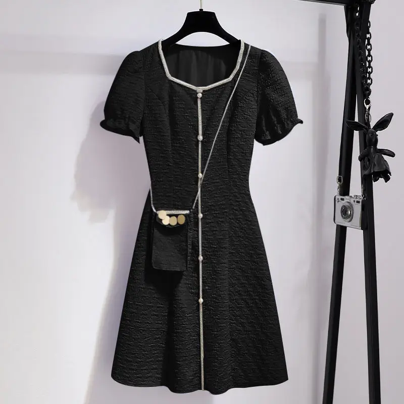 

White square collared little fragrance dress summer 2021 new women's dress plus size ruched dress Ruffles Square Collar