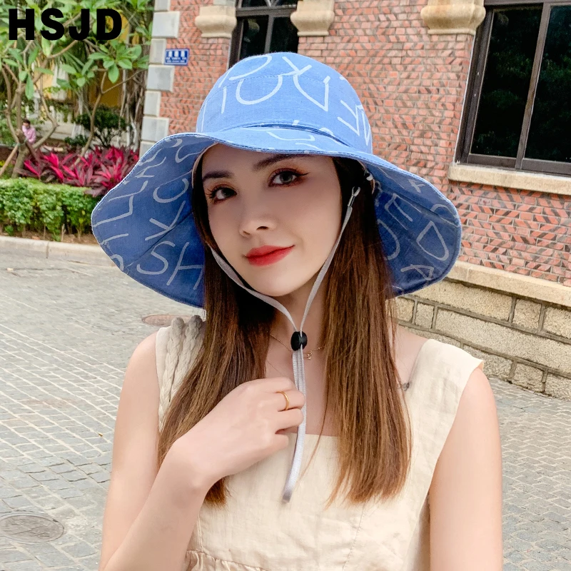Fashion Letter Print Summer Women Sun Hats Floppy Bucket Cap Wide Brim Foldable Anti-UV Beach Caps Female Panama Fisherman hat