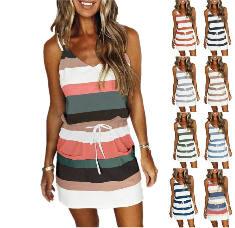 

2021 Summer Women's Striped Casual Dress Fashion Multicolor Pull-out Suspender Dress Party Dress
