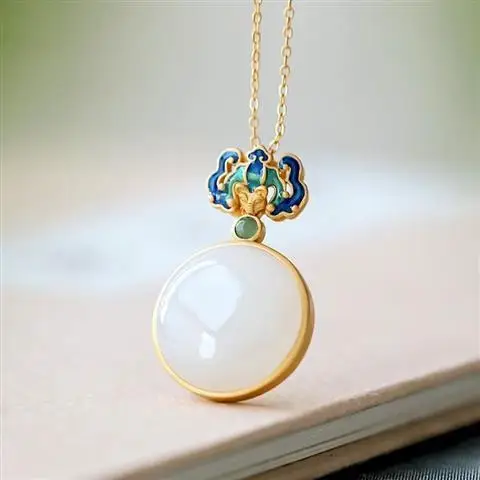 

Brown Jewelry Jade S925 Sterling Silver Necklace round Lucky Pendant Cloisonne Blessing Within Sight Vintage Pendant Ornaments