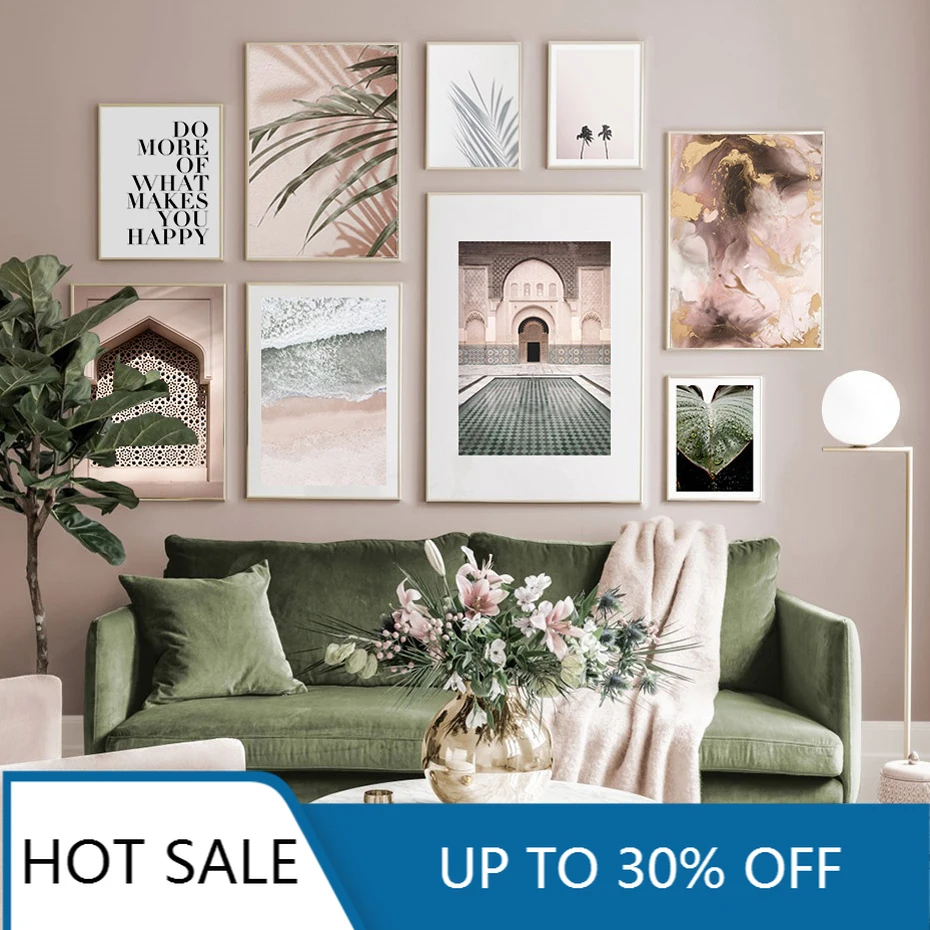 

Nature Tropical Leaf Abstract Pink Sky Poster Canvas Painting Wall Art Prints Picture for Living Room Home Decor Christmas