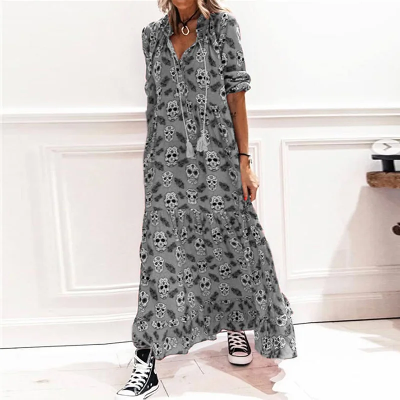 

Printed Women Party Dress Spring V Neck Long Sleeve A-Line Ladies Dress Summer Fashion Drawstring Tassel Loose Dress